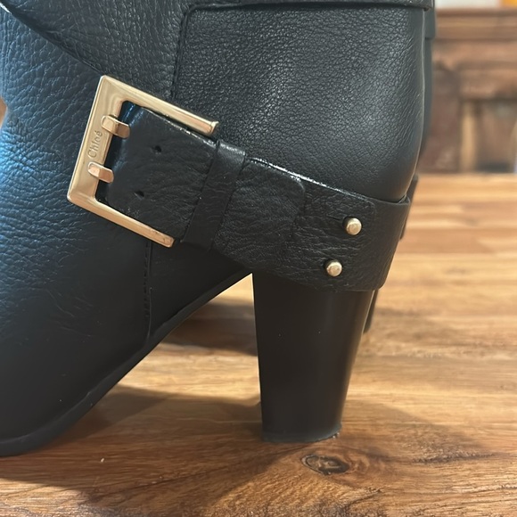 Chloe Black Heeled Boots with Gold Buckle and Chunky Heel - Picture 6 of 15